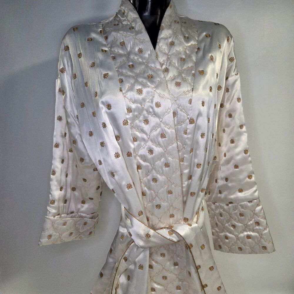 Victoria's Secret Quilted Satin Robe Belted White Gold M/L